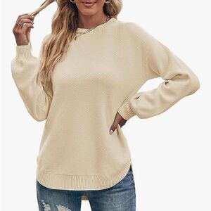 Women's Small Crewneck Cream Cotton Cable Pullover Sweater Long Sleeve
